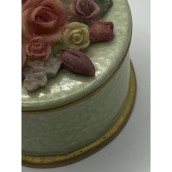 Handcrafted Dezine Floral Ceramic Trinket Box With Lid - Pastel Roses & Gold Tri - Picture 6 of 12